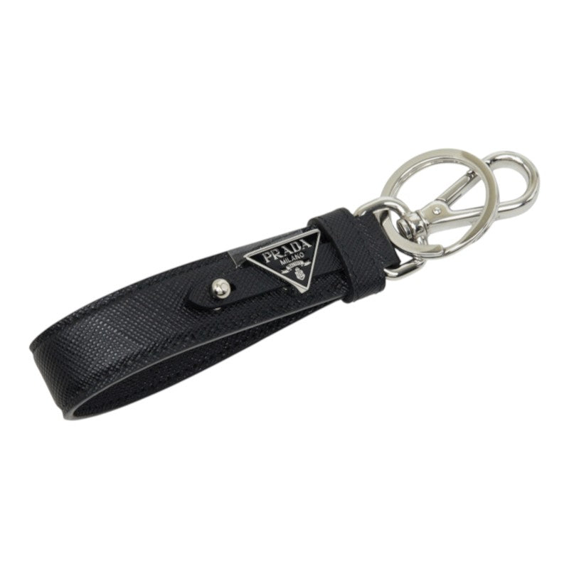 プラダ 三角ロゴプレート キーリング キーホルダー バッグチャーム ブラック サフィアーノレザー レディース PRADA 中古