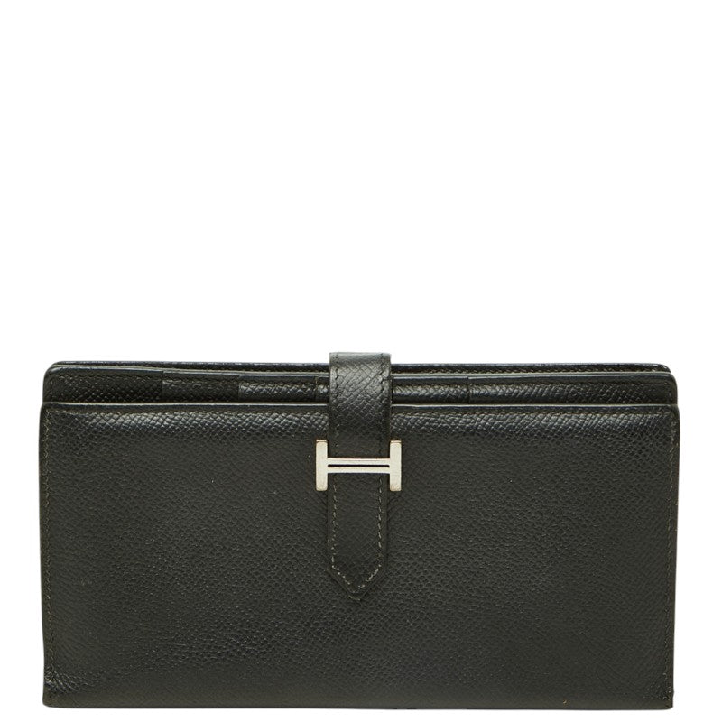 エルメス ベアンスフレ 二つ折り 長財布 □J刻印 ブラック シルバー ヴォーエプソン レディース HERMES 中古
