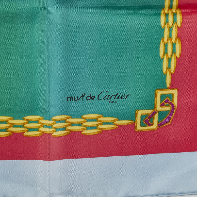 カルティエ ロゴ スカーフ レッド グリーン イエロー シルク レディース CARTIER 【中古】