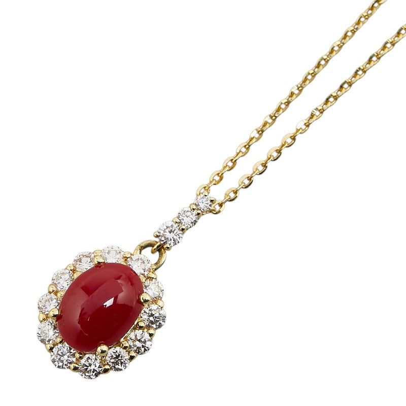 ノーブランド K18YG イエローゴールド 珊瑚 ダイヤモンド0.48ct ペンダントネックレス レディース no brand 【中古】
