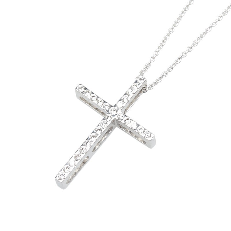 K18WG ホワイトゴールド ダイヤ0.18ct Petitreve プチレーヴ クロス 十字架 モチーフ ネックレス レディース 【中古】