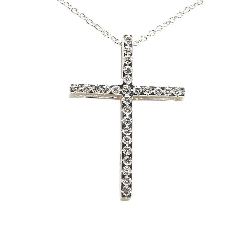 K18WG ホワイトゴールド ダイヤ0.18ct Petitreve プチレーヴ クロス 十字架 モチーフ ネックレス レディース 【中古】