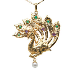 ノーブランド ゴールド グリーン パープル K18YG イエローゴールド パール約3.7mm エメラルド0.13ct アメジスト クジャク 孔雀 モチーフ ネックレス レディース no brand 【中古】