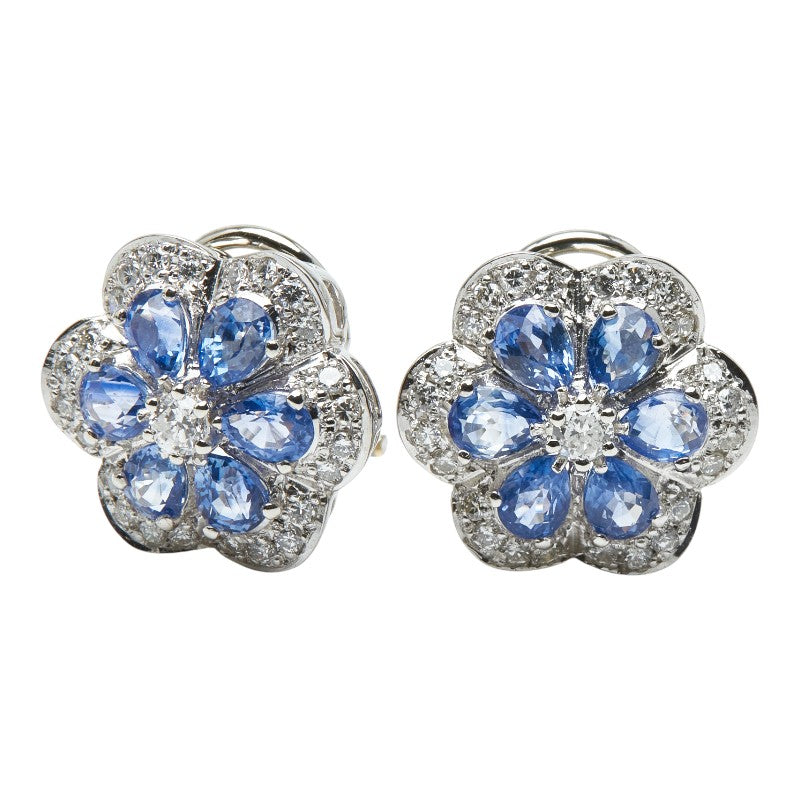ノーブランド K14WG ホワイトゴールド Pt900 プラチナ サファイア2.72ct ダイヤ0.52ct フラワー 花 モチーフ イヤリング レディース no brand 【中古】