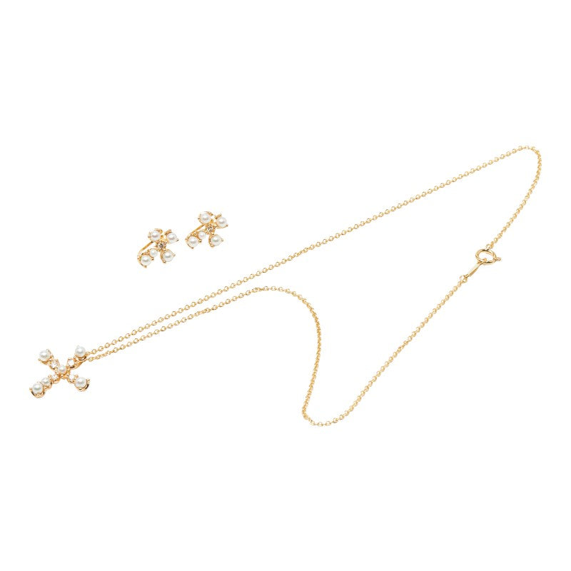 ノーブランド K18YG イエローゴールド ダイヤ0.06ct パール2.1~2.8mm クロス 十字架 モチーフ ペンダントネックレス イヤリング セット レディース no brand 【中古】