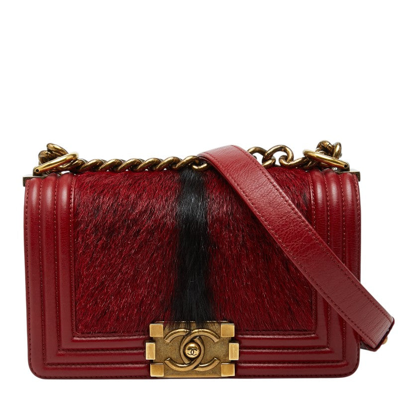 シャネル ココマーク ボーイシャネル チェーンショルダーバッグ 86427 レッド レザー ラビットファー レディース CHANEL 【中古】