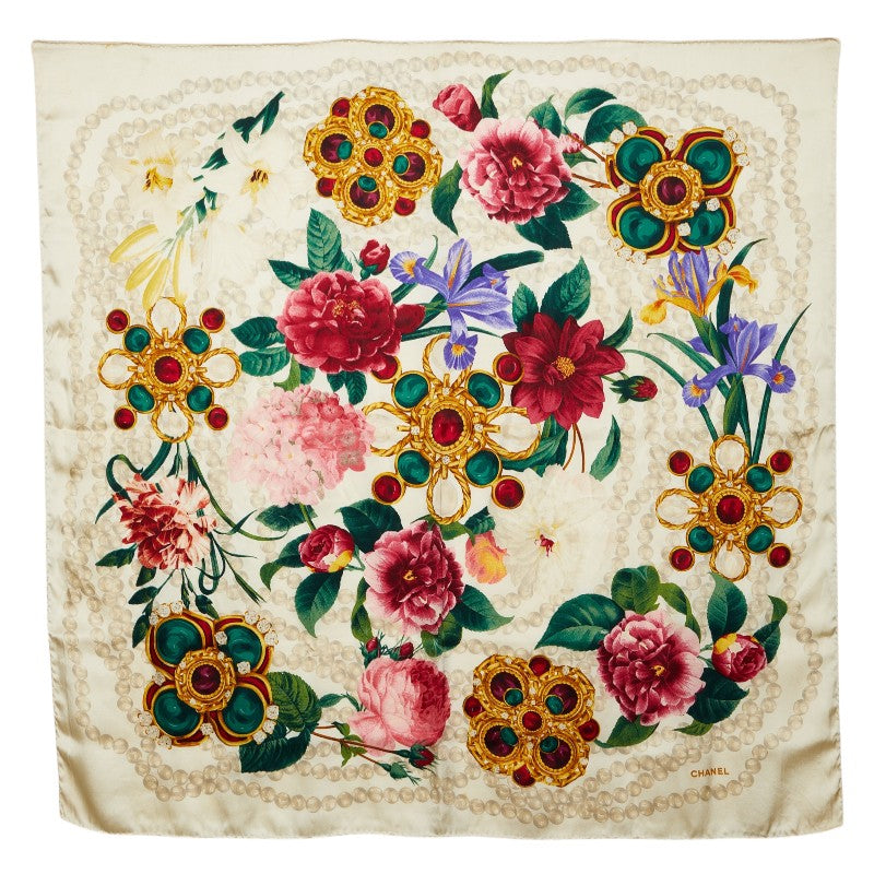 シャネル カメリア グリポア スカーフ アイボリー マルチカラー シルク レディース CHANEL 【中古】