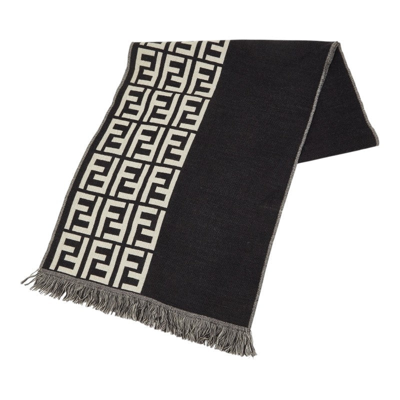 フェンディ ズッカ マフラー 大判 ブラック アイボリー系 ウール レディース FENDI 【中古】