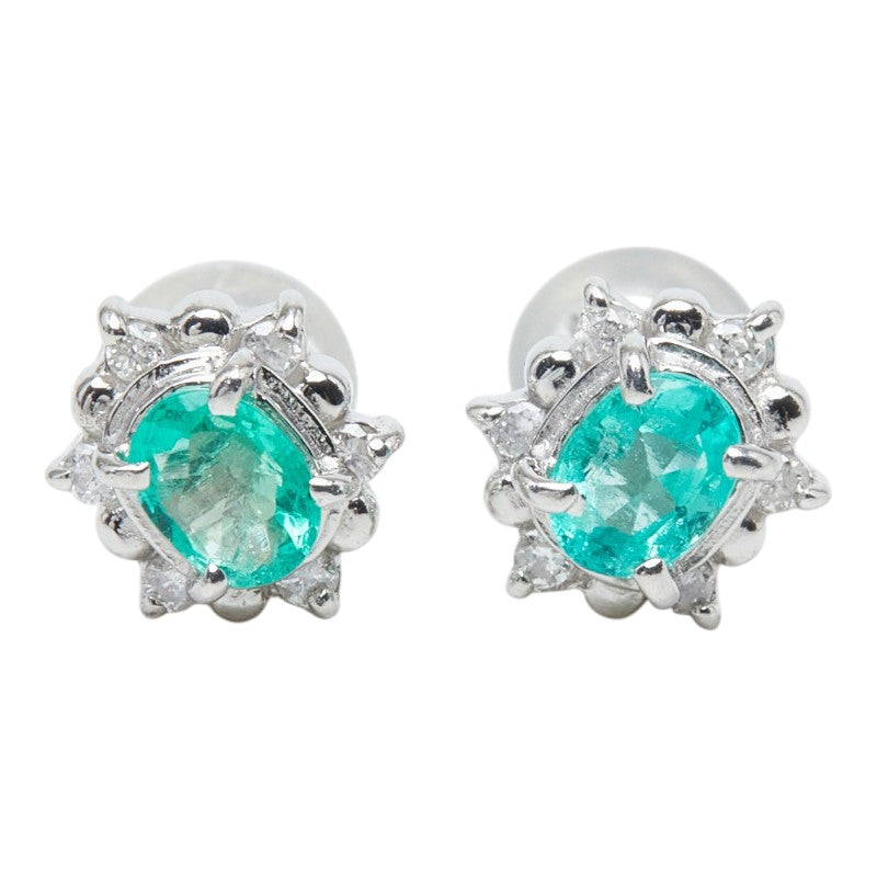 Pt900 プラチナ エメラルド エメラルド ダイヤ0.08ct フラワーモチーフ スタッドピアス ピアス レディース 【中古】
