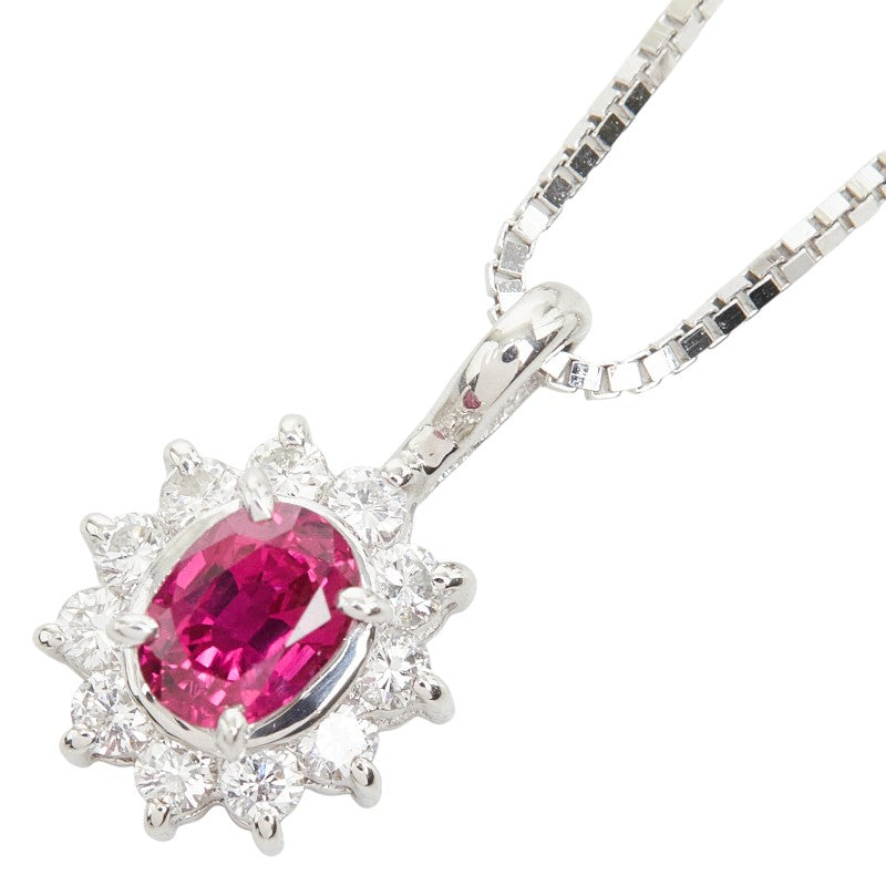 Pt900 プラチナ K18WG ホワイトゴールド ルビー0.53ct ダイヤ0.19ct フラワーモチーフ ネックレス レディース 【中古】