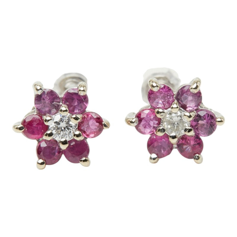 K18WG ホワイトゴールド ルビー ダイヤモンド ルビー0.52ct ダイヤ0.08ct フラワーモチーフ スタッドピアス ピアス レディース 中古