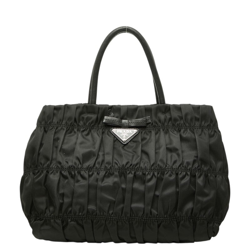 プラダ 三角ロゴプレート ギャザー ハンドバッグ BN1675 ブラック ナイロン レザー レディース PRADA 中古