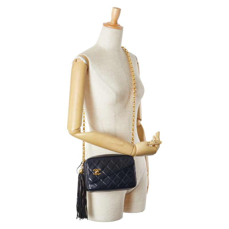シャネル マトラッセ ココマーク フリンジ チェーン ショルダーバッグ ネイビー ラムスキン レディース CHANEL 【中古】