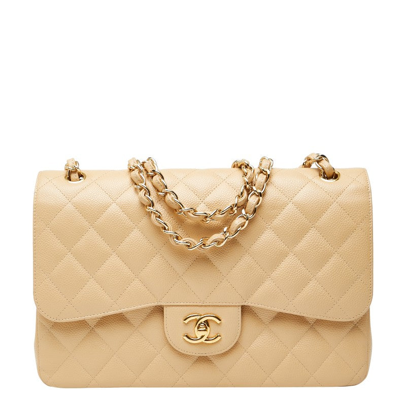 シャネル ココマーク マトラッセ30 ダブルフラップ チェーン ショルダーバッグ ベージュ キャビアスキン レディース CHANEL 【中古】