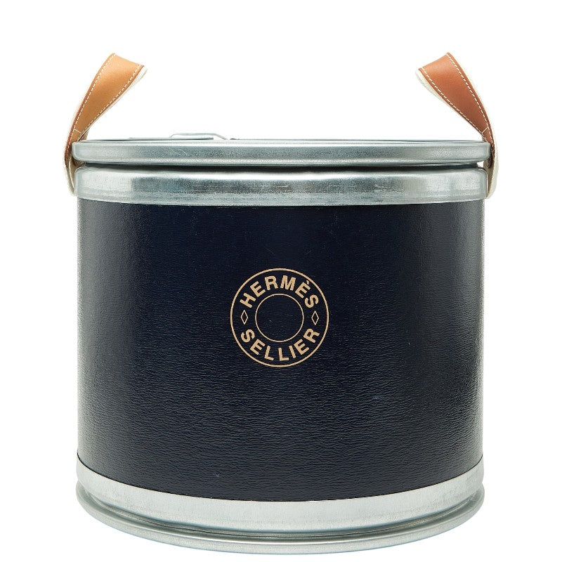 エルメス サドルボックス 馬具缶 収納BOX ネイビー シルバー レザー メタル リサイクル段ボール レディース HERMES 【中古】
