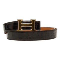 エルメス コンスタンス Hベルト ベルト ダークブラウン ゴールド アリゲーター メンズ HERMES 【中古】