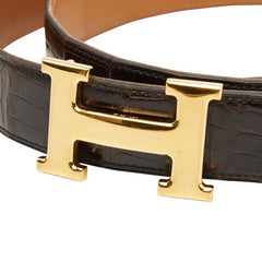 エルメス コンスタンス Hベルト ベルト ダークブラウン ゴールド アリゲーター メンズ HERMES 【中古】