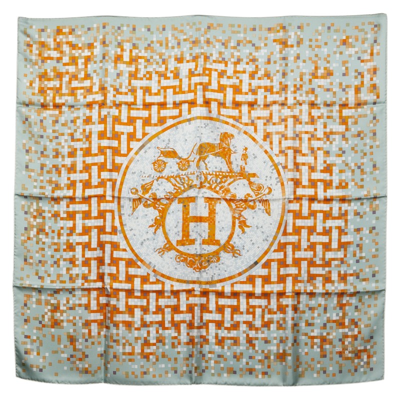 エルメス カレ90 モザイク 24 Mosaique Au スカーフ 大判 オレンジ グリーン シルク レディース HERMES 【中古】