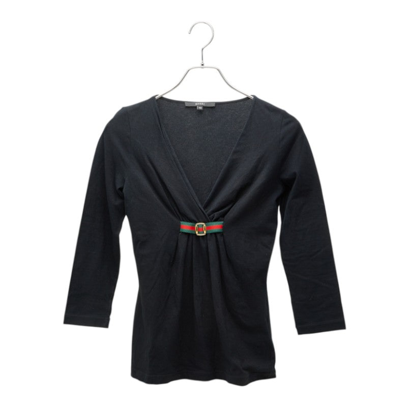 グッチ シェリーライン 7分袖 フロントギャザー カットソー Tシャツ ブラック コットン ポリエステル レディース GUCCI 中古