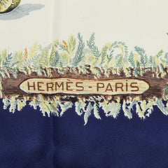 エルメス カレ90 Champignons シャンピニオン きのこ スカーフ 大判 ネイビー マルチカラー シルク レディース HERMES 中古