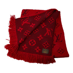 ルイ ヴィトン エシャルプ ロゴマニア マフラー M72432 レッド ウール シルク レディース LOUIS VUITTON 中古