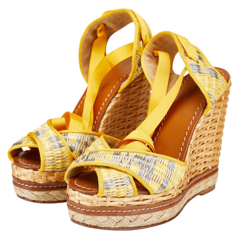 ドルチェアンドガッバーナ ウェッジソール サンダル サイズ：36 イエロー ブルー ベージュ ラフィア レザー レディース DOLCE&GABBANA 【中古】