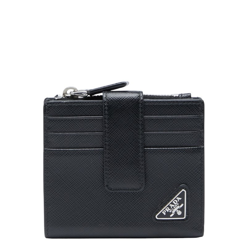 プラダ 三角ロゴプレート サフィアーノ 二つ折り財布 ブラック レザー レディース PRADA 【中古】