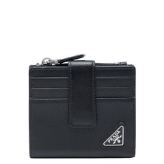 プラダ 三角ロゴプレート サフィアーノ 二つ折り財布 ブラック レザー レディース PRADA 【中古】