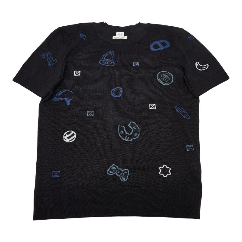 エルメス キャンディ リブリス 半袖ニット サイズ34 ブラック ブルー ウール レディース HERMES 【中古】