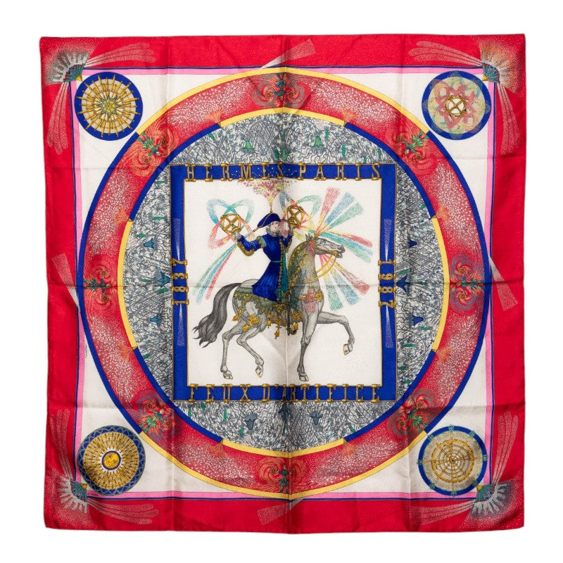 エルメス カレ90 FEUX D'ARTIFICE 技巧の火 スカーフ 大判 レッド系 マルチカラー シルク レディース HERMES 【中古】