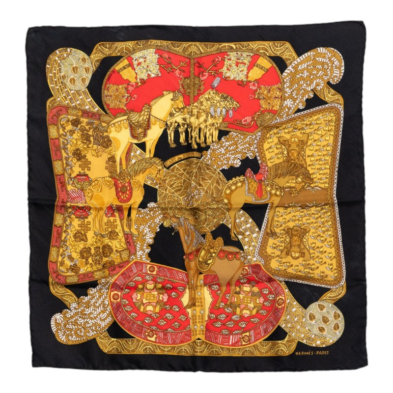 エルメス カレ45 ART des STEPPES ステップ美術 スカーフ ブラック マルチカラー シルク レディース HERMES 【中古】