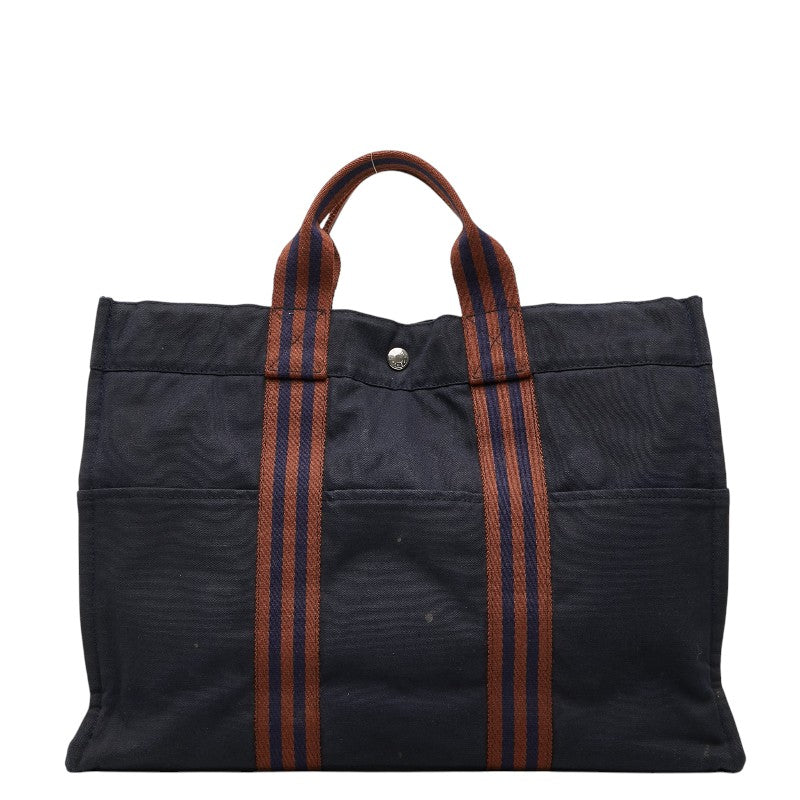 エルメス フールトゥMM トートバッグ ハンドバッグ ネイビー ブラウン コットン レディース HERMES 【中古】
