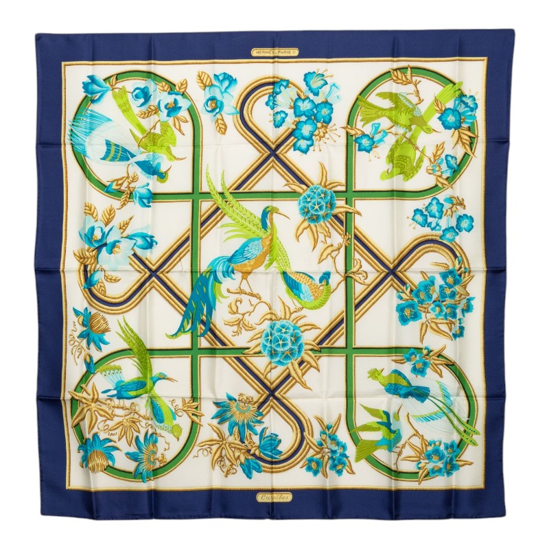 エルメス カレ90 Caraibes カリブ鳥 スカーフ ネイビー ホワイト シルク レディース HERMES 【中古】