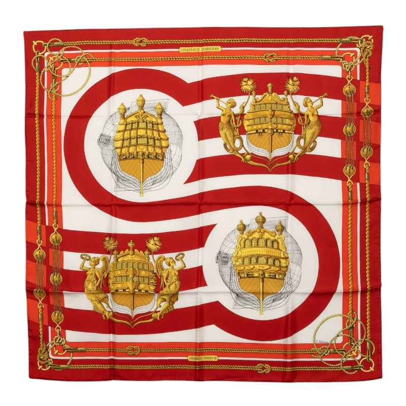 エルメス カレ90 CHATEAUX D'ARRIERE 艫飾り スカーフ レッド シルク レディース HERMES 【中古】