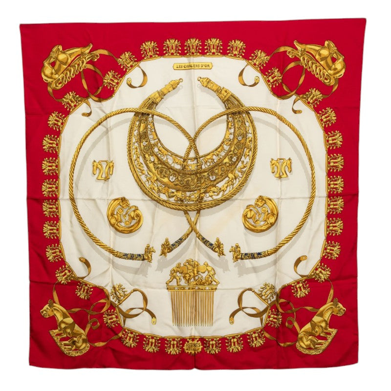 エルメス カレ90 黄金の騎士 Les Cavaliers d'Or スカーフ レッド ホワイト シルク レディース HERMES 【中古】