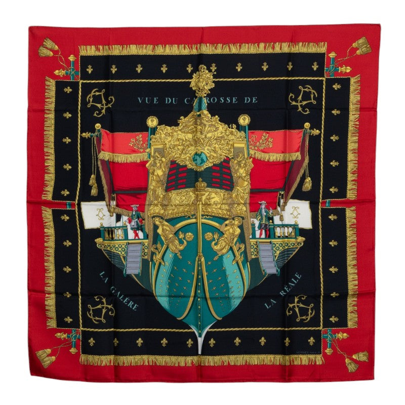 エルメス カレ90 VUE DU CARROSSE DE LA GALERE LA REALE クイーンの戴冠式 スカーフ レッド マルチカラー シルク レディース HERMES 【中古】