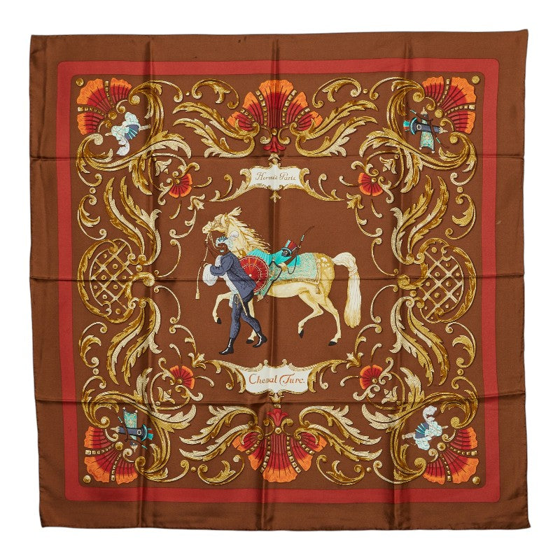 エルメス カレ90 Cheval Turcトルコの馬 スカーフ ブラウン マルチカラー シルク レディース HERMES 【中古】