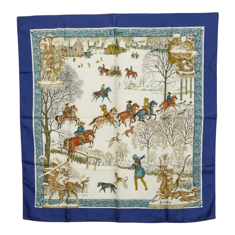 エルメス カレ90 L'hiver 冬の火 スカーフ ブルー アイボリ マルチカラー シルク レディース HERMES 【中古】