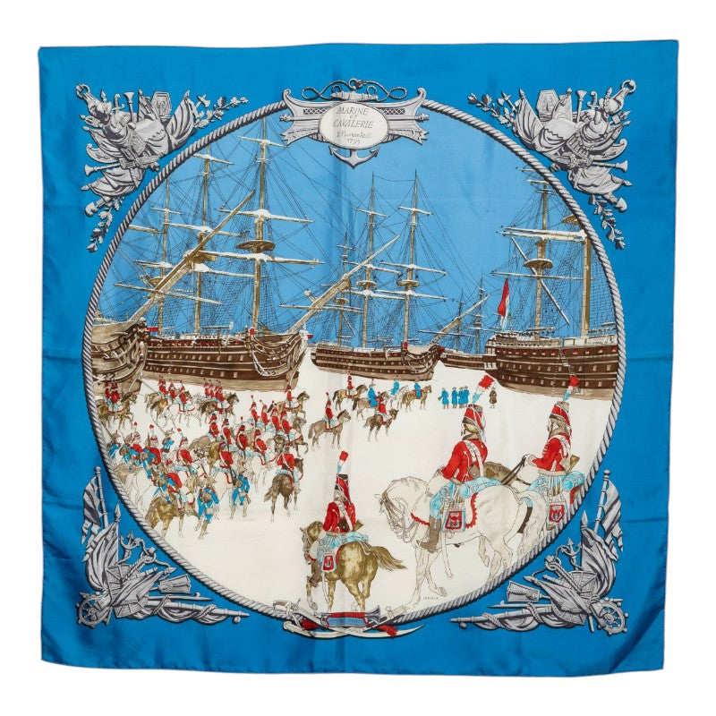 エルメス カレ90 MARINE ET CAVALERIE 海と騎兵隊 スカーフ ブルー マルチカラー シルク レディース HERMES 【中古】