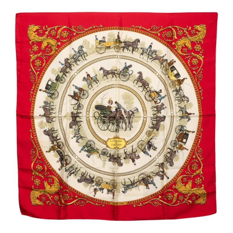 エルメス カレ90 ロンシャンへの散歩 La Promenade de Longchamps スカーフ レッド マルチカラー シルク レディース HERMES 【中古】