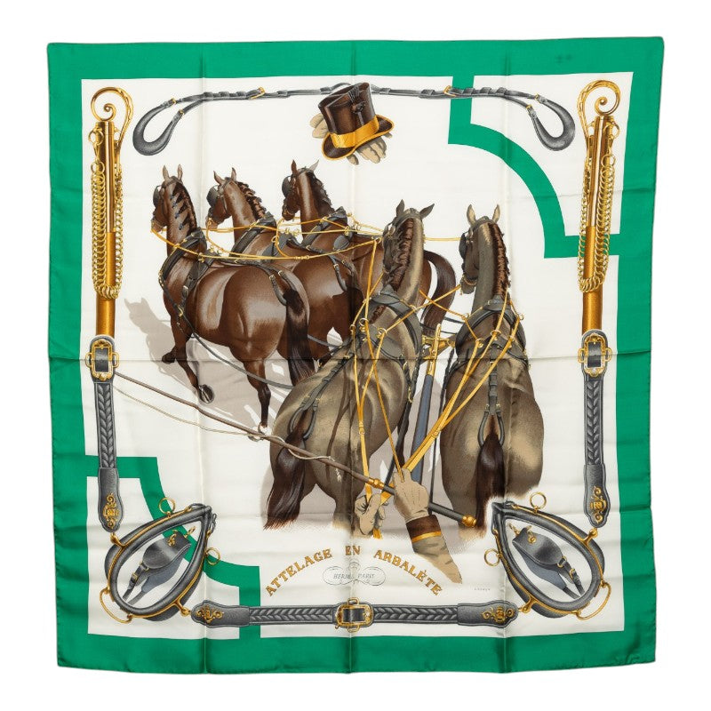エルメス カレ90 ATTELAGE EN ARBALETE 馬車弓形連結 スカーフ グリーン マルチカラー シルク レディース HERMES 【中古】