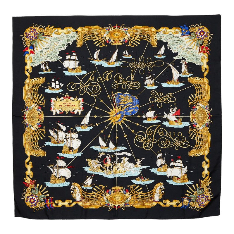 エルメス カレ90 VOILES DE LUMIERE 光の帆船 スカーフ ブラック マルチカラー シルク レディース HERMES 【中古】