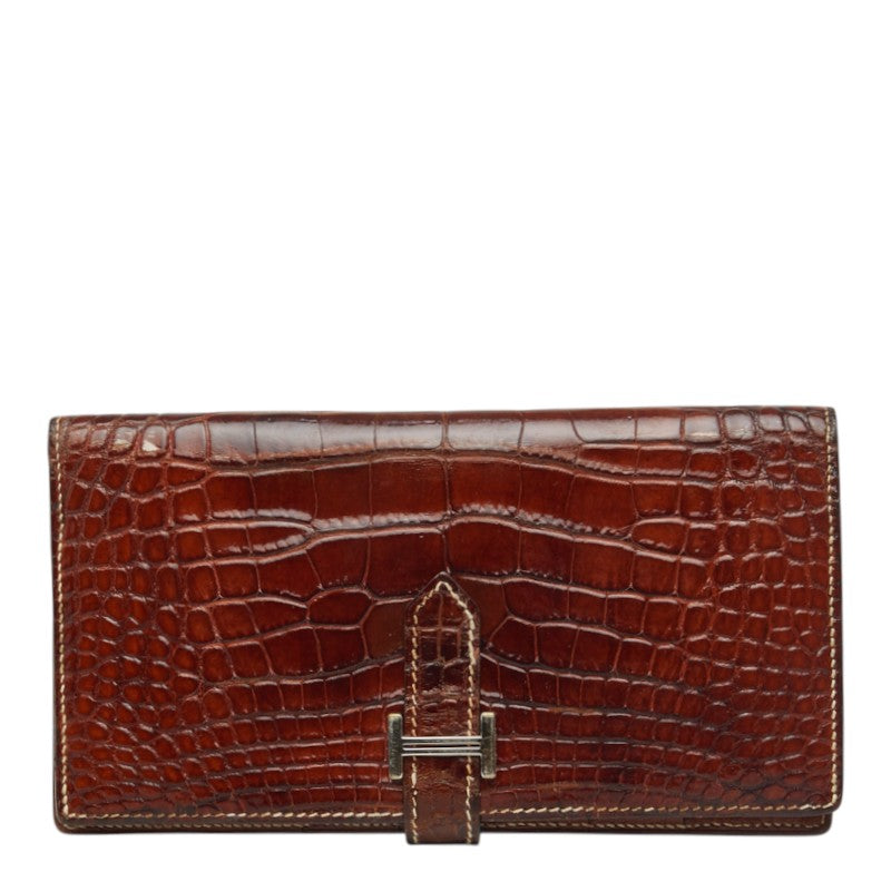 エルメス ベアン 長財布 □G 2003年 ブラウン レザー アリゲーター レディース HERMES 中古