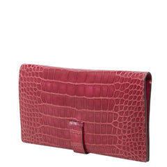 エルメス ベアンスフレ 長財布 ピンク レッド系 シルバー金具 アリゲーター レディース HERMES 中古