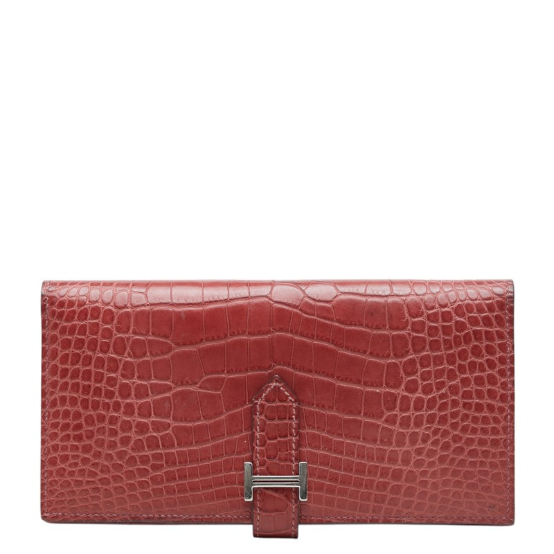 エルメス ベアンスフレ 長財布 レッド系 シルバー金具 アリゲーターマット レディース HERMES 中古
