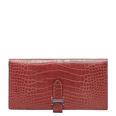 エルメス ベアンスフレ 長財布 レッド系 シルバー金具 アリゲーターマット レディース HERMES 中古