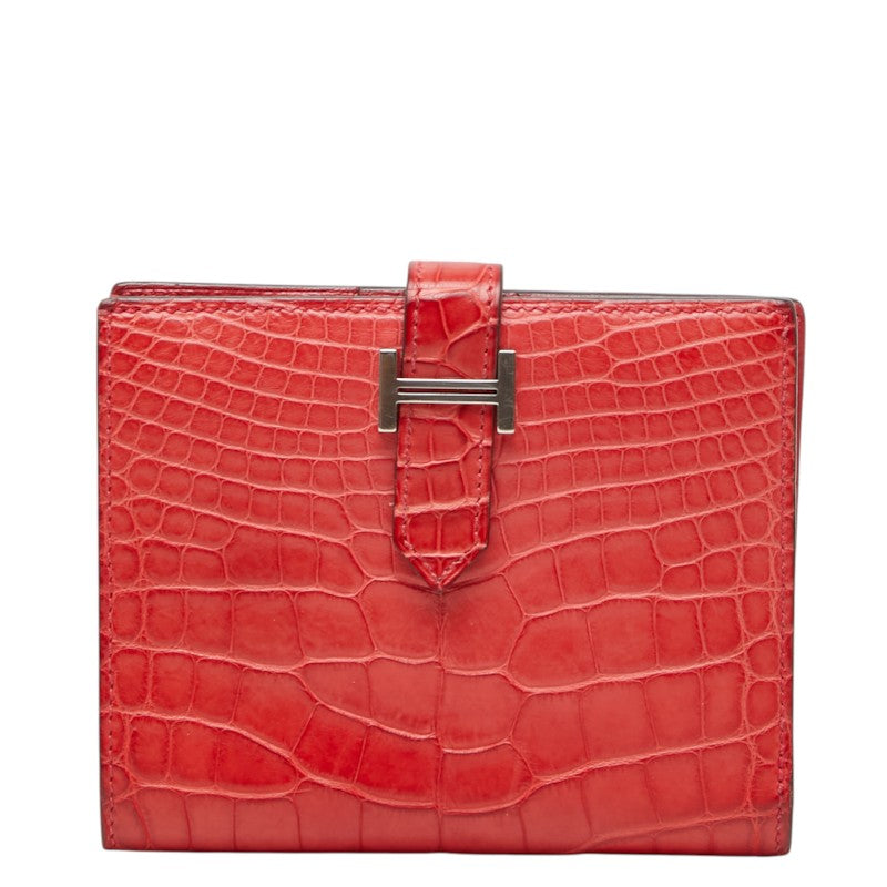 エルメス ベアン コンパクト 二つ折り財布 D刻印 2019年 レッド系 シルバー金具 アリゲーター レディース HERMES 中古
