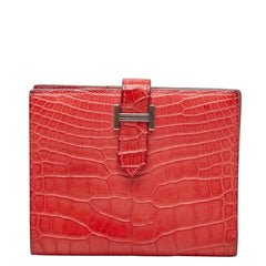 エルメス ベアン コンパクト 二つ折り財布 D刻印 2019年 レッド系 シルバー金具 アリゲーター レディース HERMES 中古