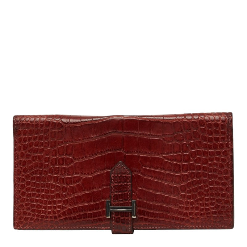 エルメス ベアンクラシック 二つ折り 長財布 □E刻印 ワインレッド系 シルバー アリゲーター レディース HERMES 中古