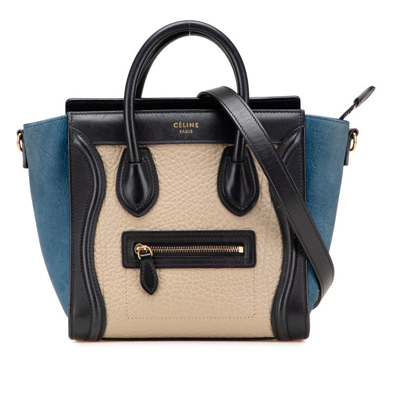 セリーヌ ラゲージ マイクロショッパー ハンドバッグ ショルダーバッグ 2WAY ネイビー グレージュ レザー スウェード レディース CELINE 【中古】